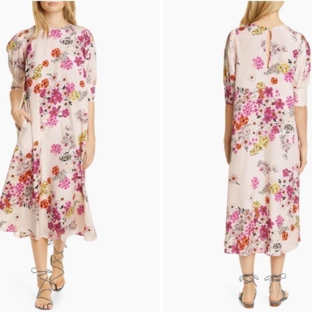 Anthropologie By TiMo Delicate Floral Jacquard Midi Dress Sz S